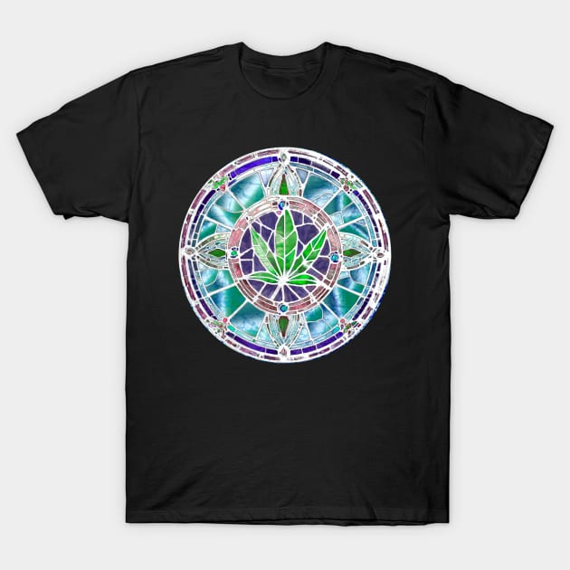 Batik 420 art green blue weed circle stained glass hippie gift T-Shirt by Aurora X